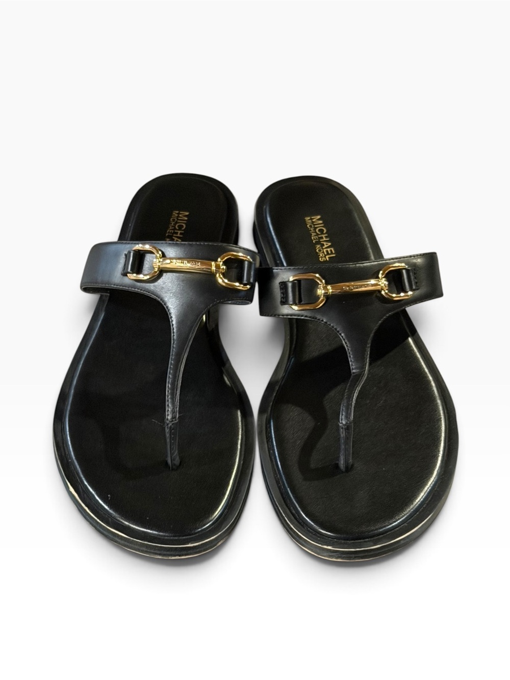 Michael Kors Womens Black Leather Thong Sandals Size 7M Gold Tone Bit